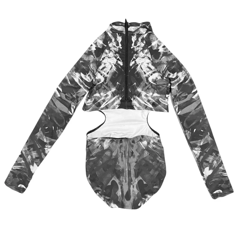 Weissman Elite | Ink Blot Print Leotard Gray and White Long Sleeve Cutout, SA - Picture 4 of 5